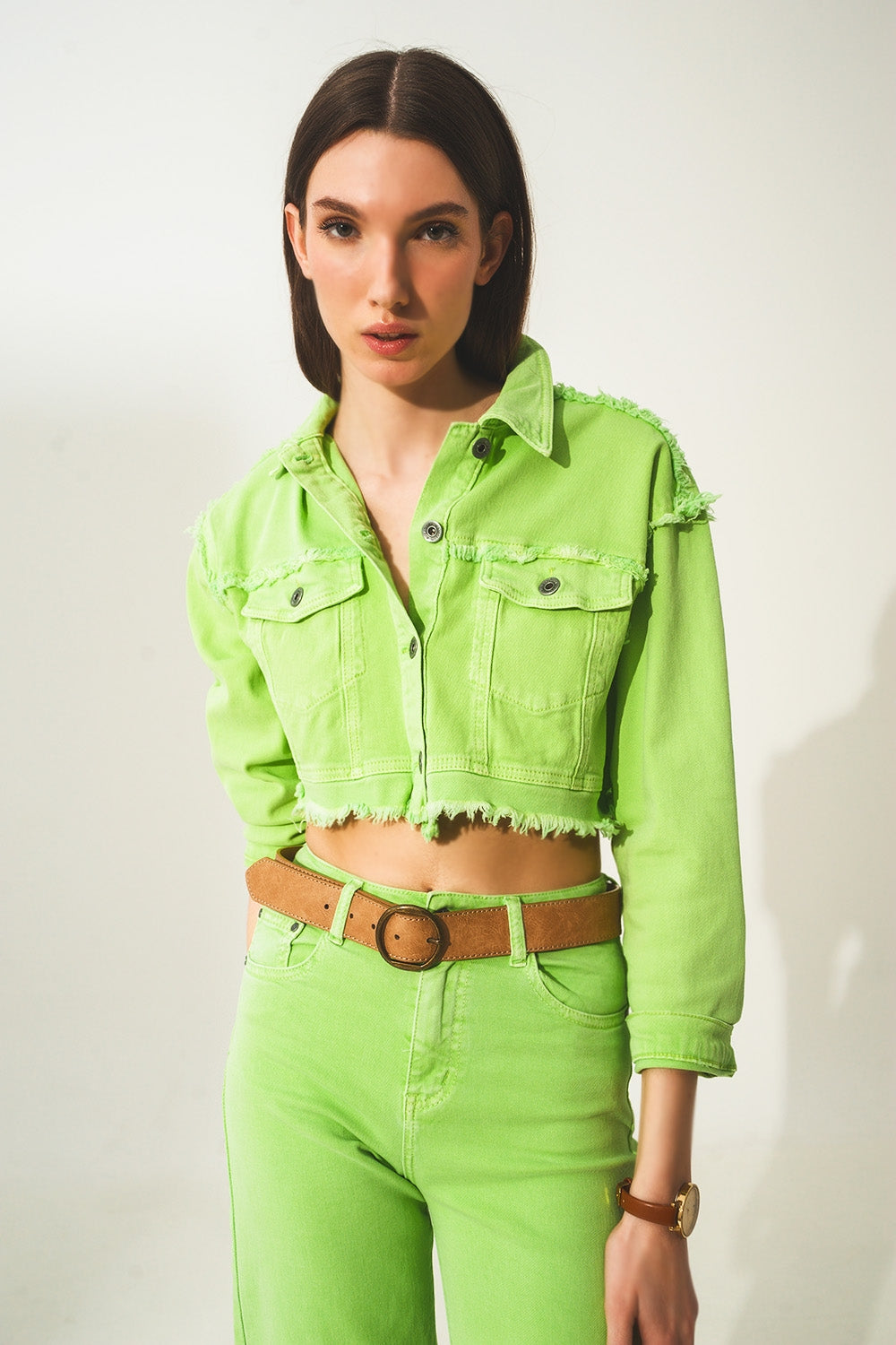 Lime green cropped jean jacket hotsell