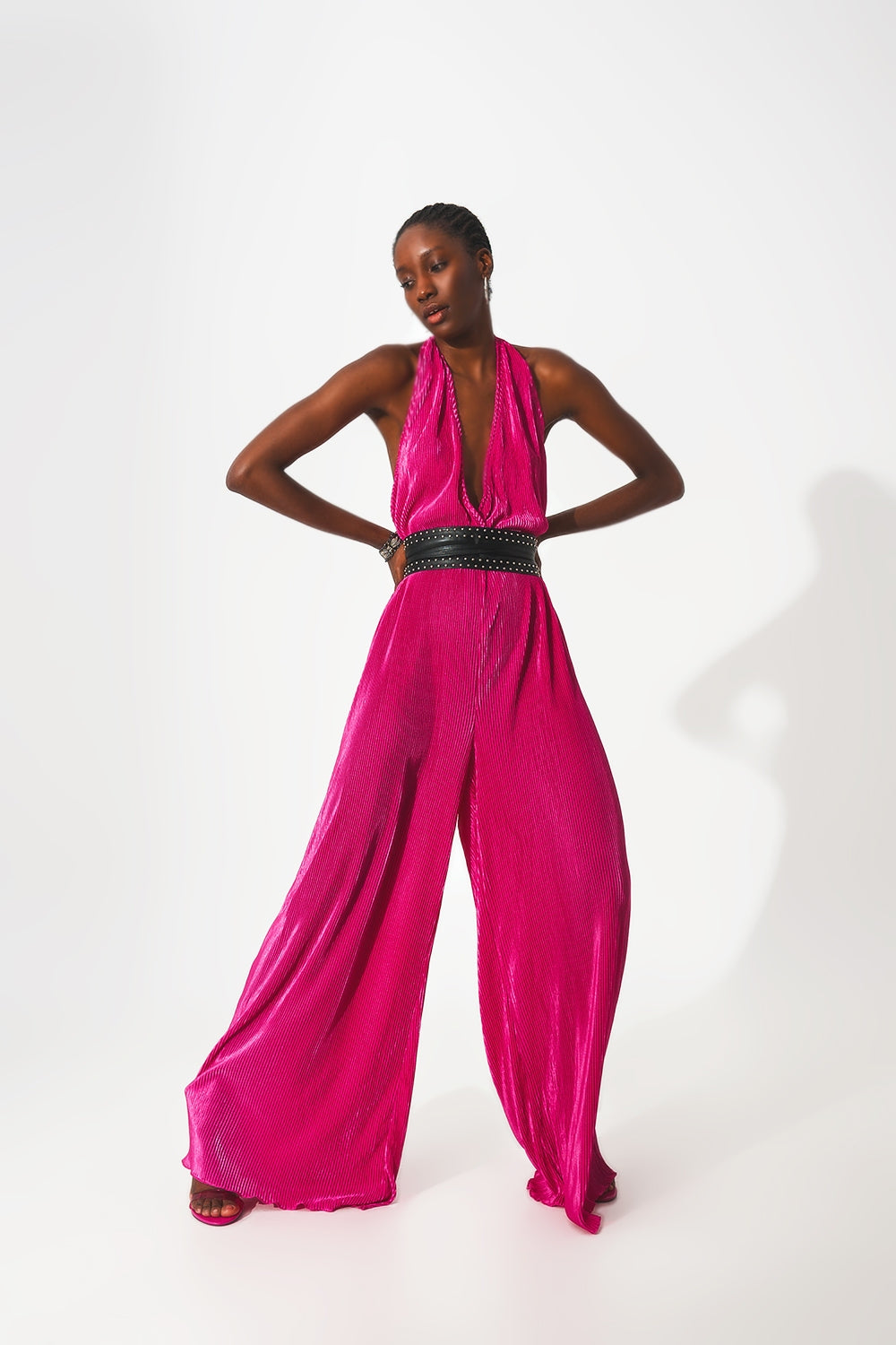 Satin halter neck pleated maxi jumpsuit in fuchsia BoutiqueLua