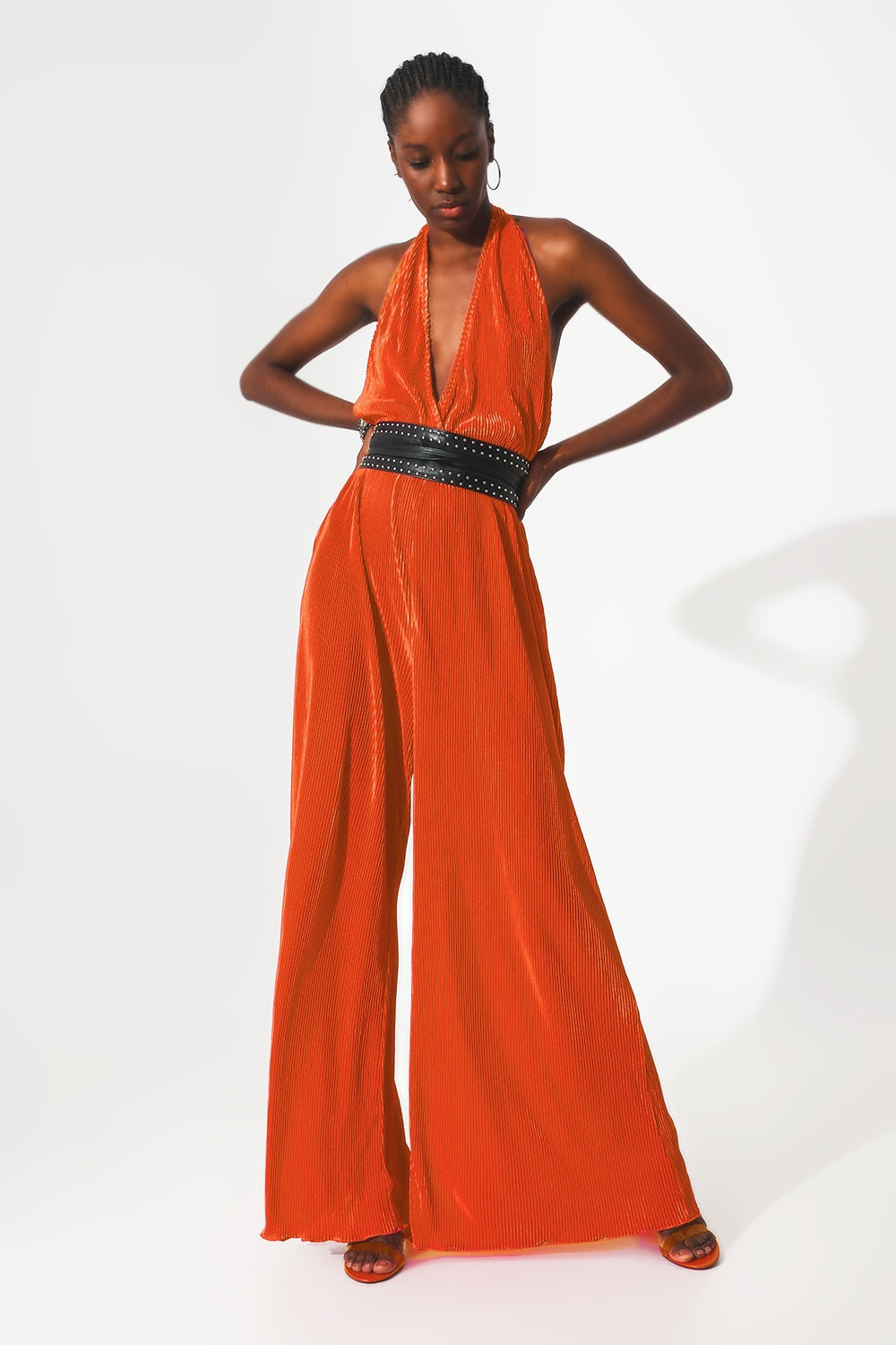 Satin halter neck pleated maxi jumpsuit in orange