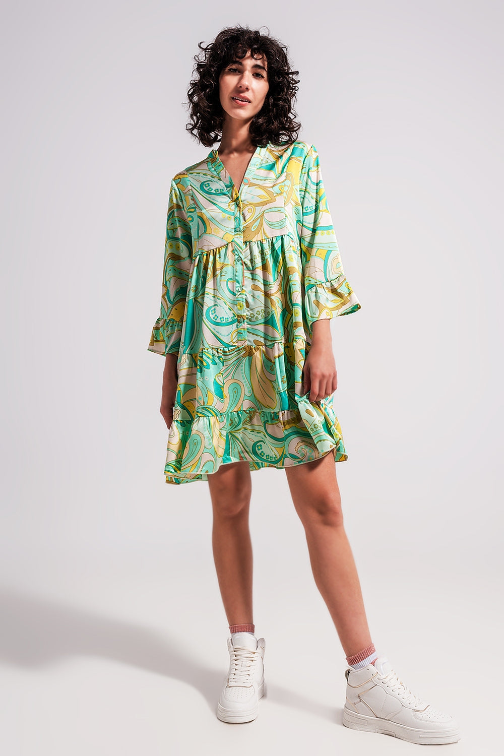 3/4 sleeve mini dress in green Q2 Dresses BoutiqueLua