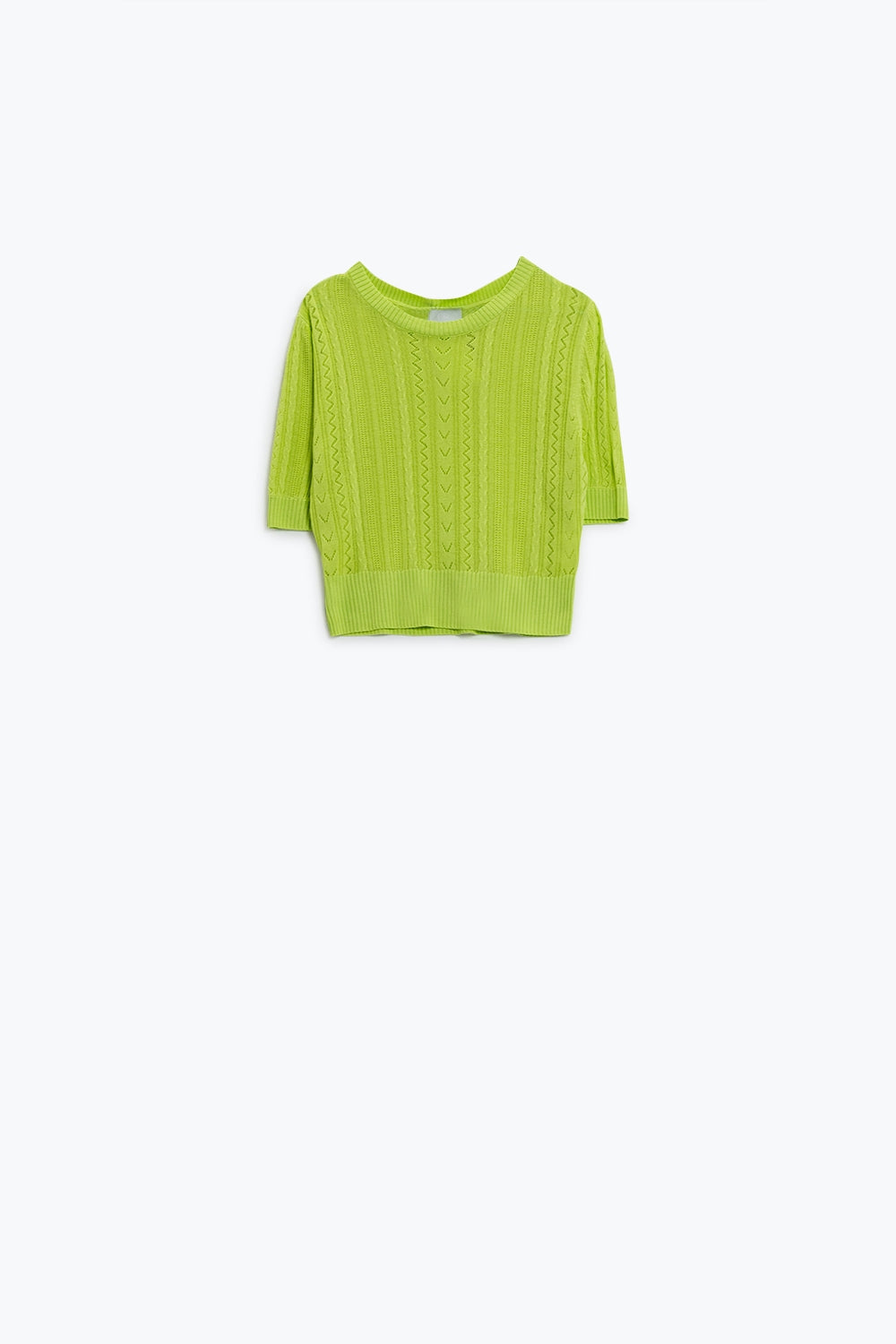 Q2 3/4 sleeves green knit sweater with zig zag stripes details