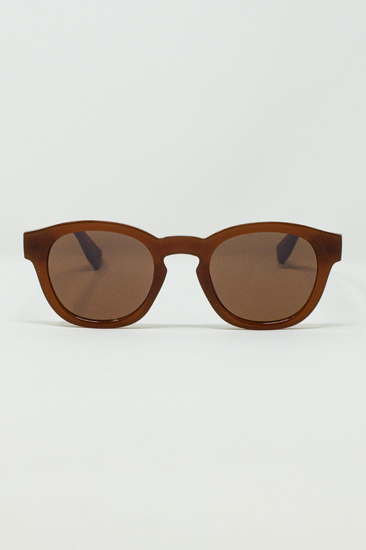 Q2 90's Round Sunglasses With Brown Tinted Lenses and Light Brown Frame