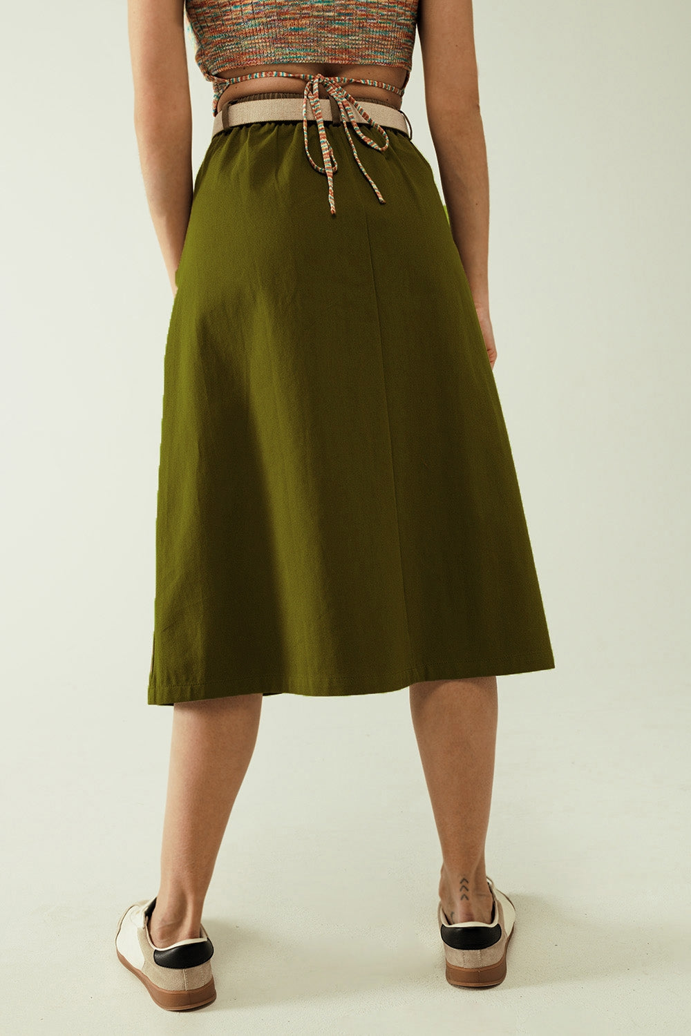 A line Midi Khaki Skirt With Pockets in Khaki Q2 Skirts BoutiqueLua