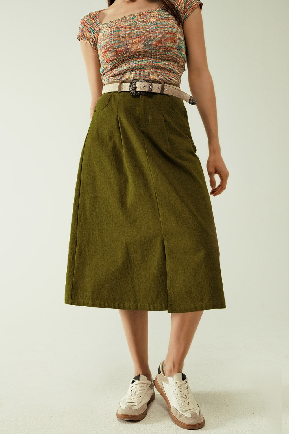 A line Midi Khaki Skirt With Pockets in Khaki Q2 Skirts BoutiqueLua