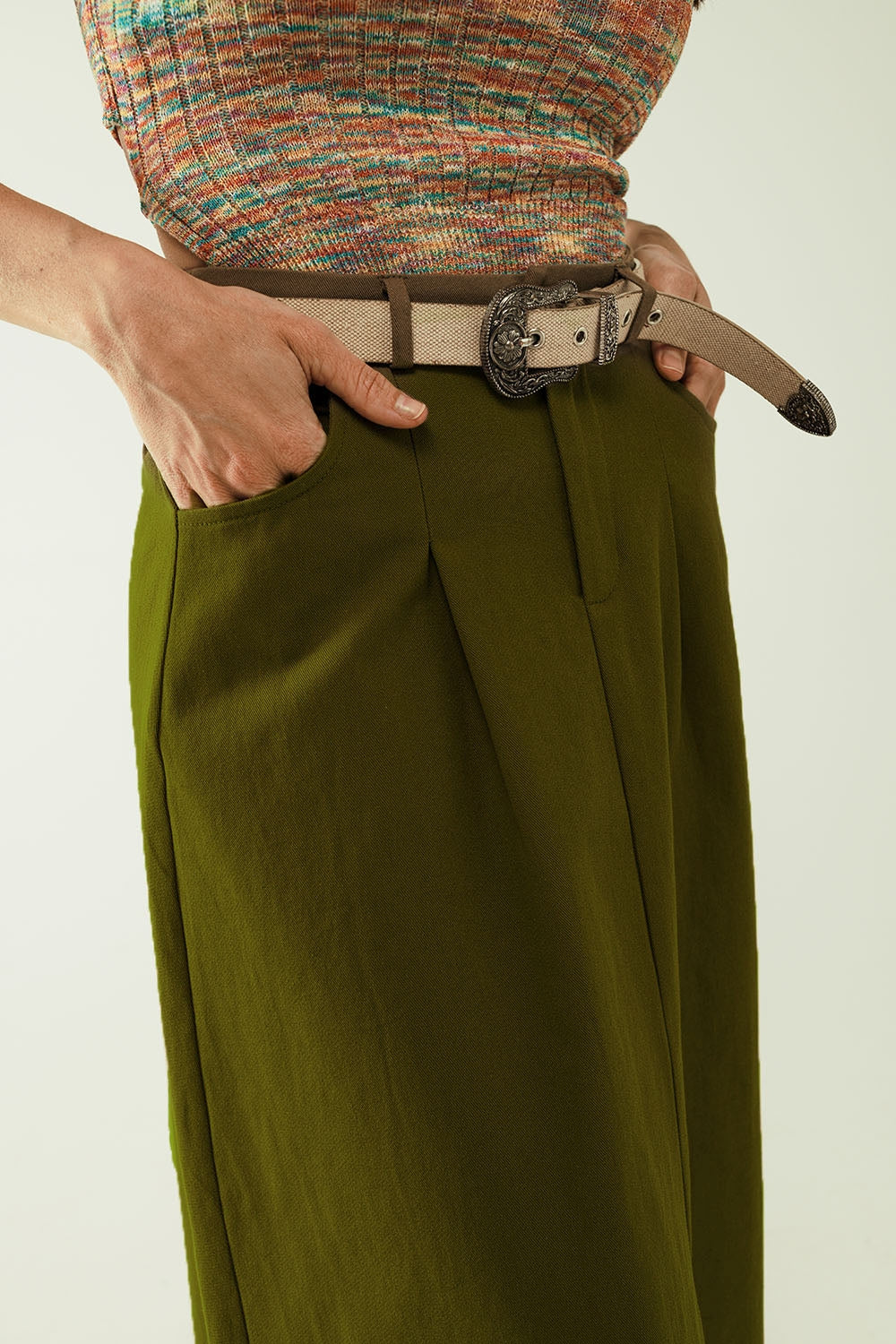 A line Midi Khaki Skirt With Pockets in Khaki Q2 Skirts BoutiqueLua