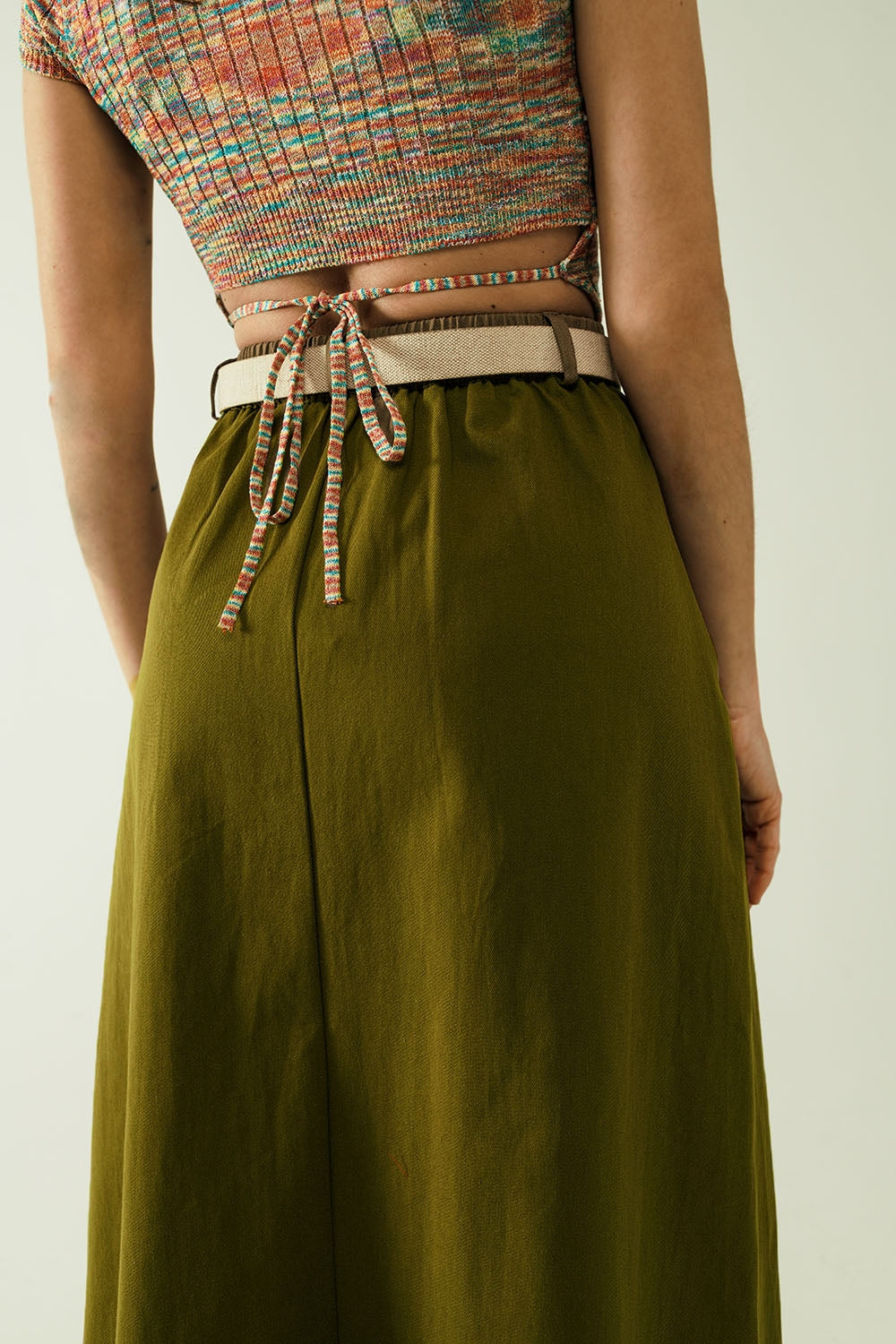 A line Midi Khaki Skirt With Pockets in Khaki Q2 Skirts BoutiqueLua