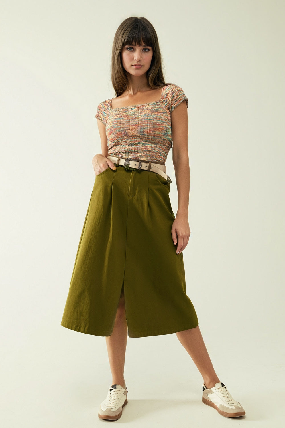 A line Midi Khaki Skirt With Pockets in Khaki Q2 Skirts BoutiqueLua