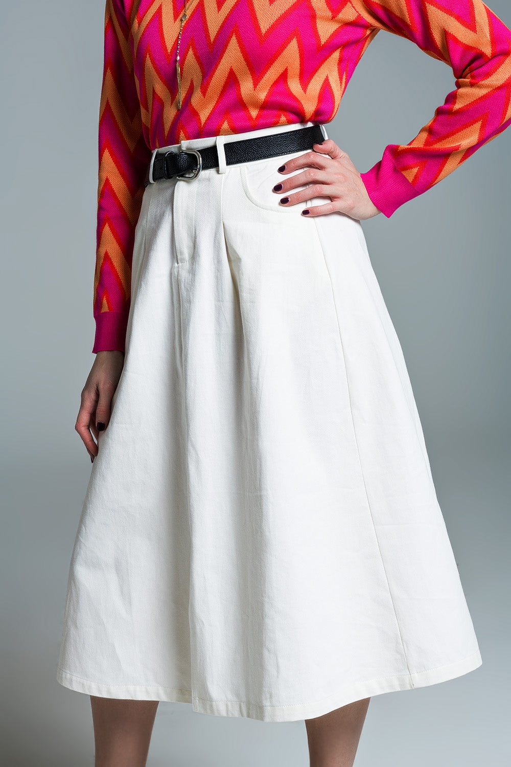 A line Midi White Skirt With Pockets in White Q2 Skirts BoutiqueLua