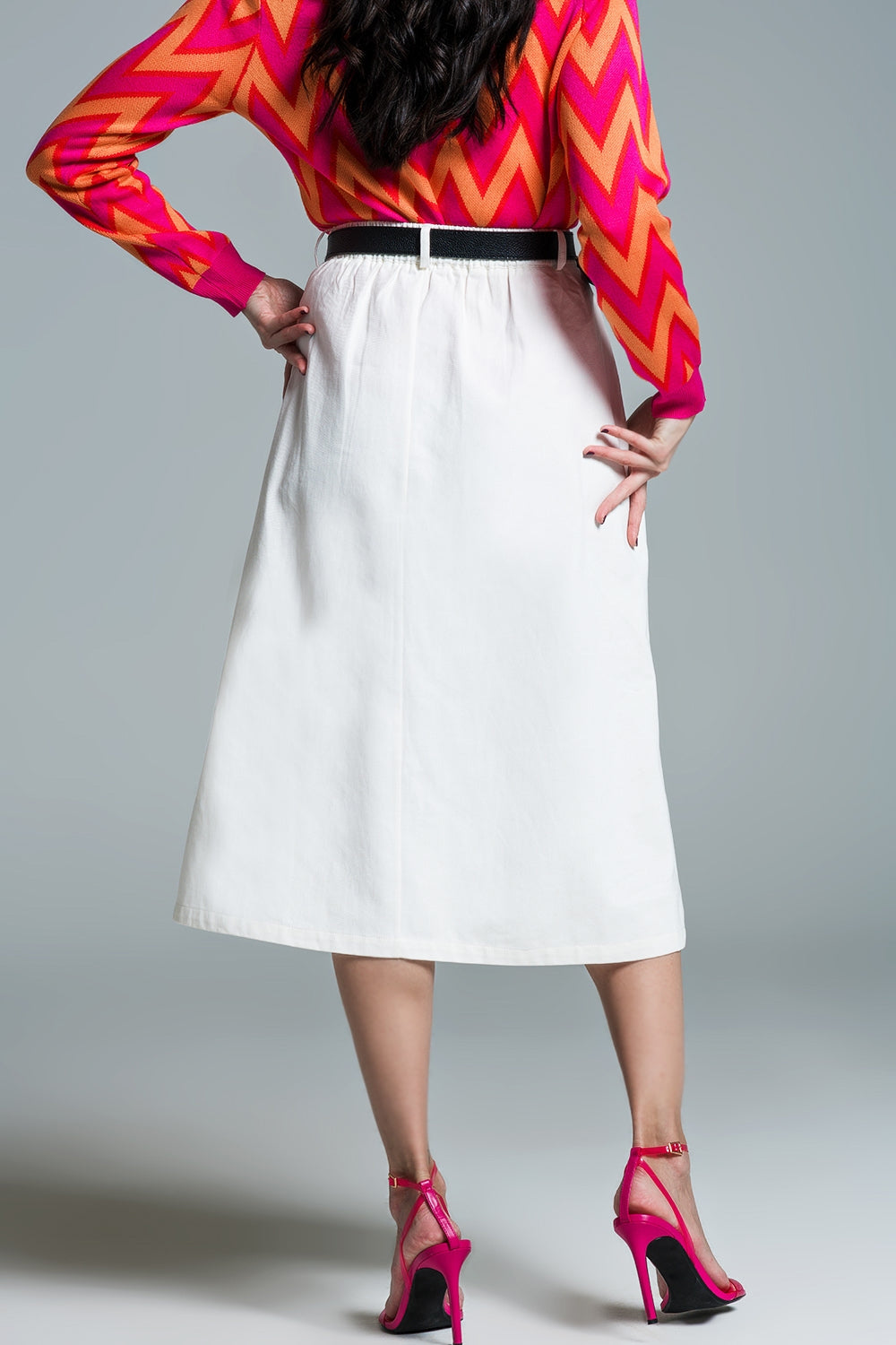 A line Midi White Skirt With Pockets in White Q2 Skirts BoutiqueLua