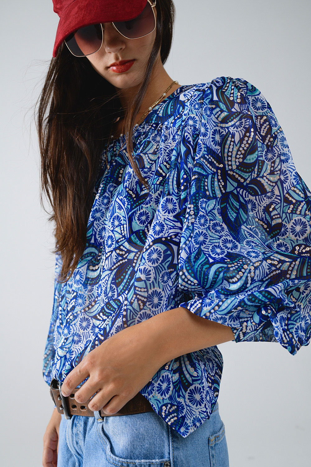 Abstract Print Blouse With Balloon Sleeves in Blue Q2 Shirts BoutiqueLua