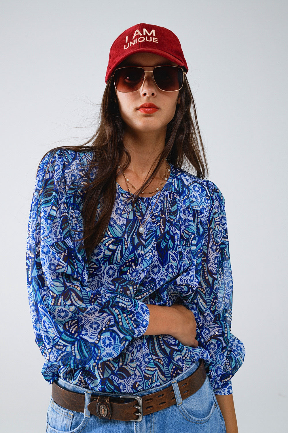 Abstract Print Blouse With Balloon Sleeves in Blue Q2 Shirts BoutiqueLua