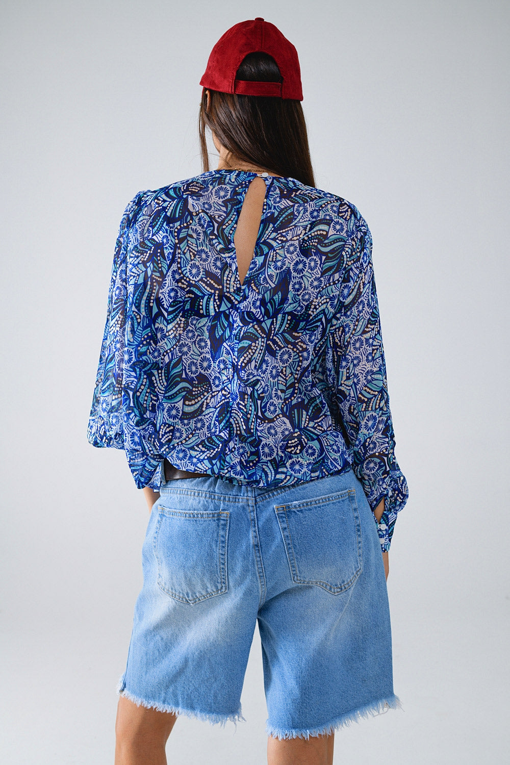 Abstract Print Blouse With Balloon Sleeves in Blue Q2 Shirts BoutiqueLua