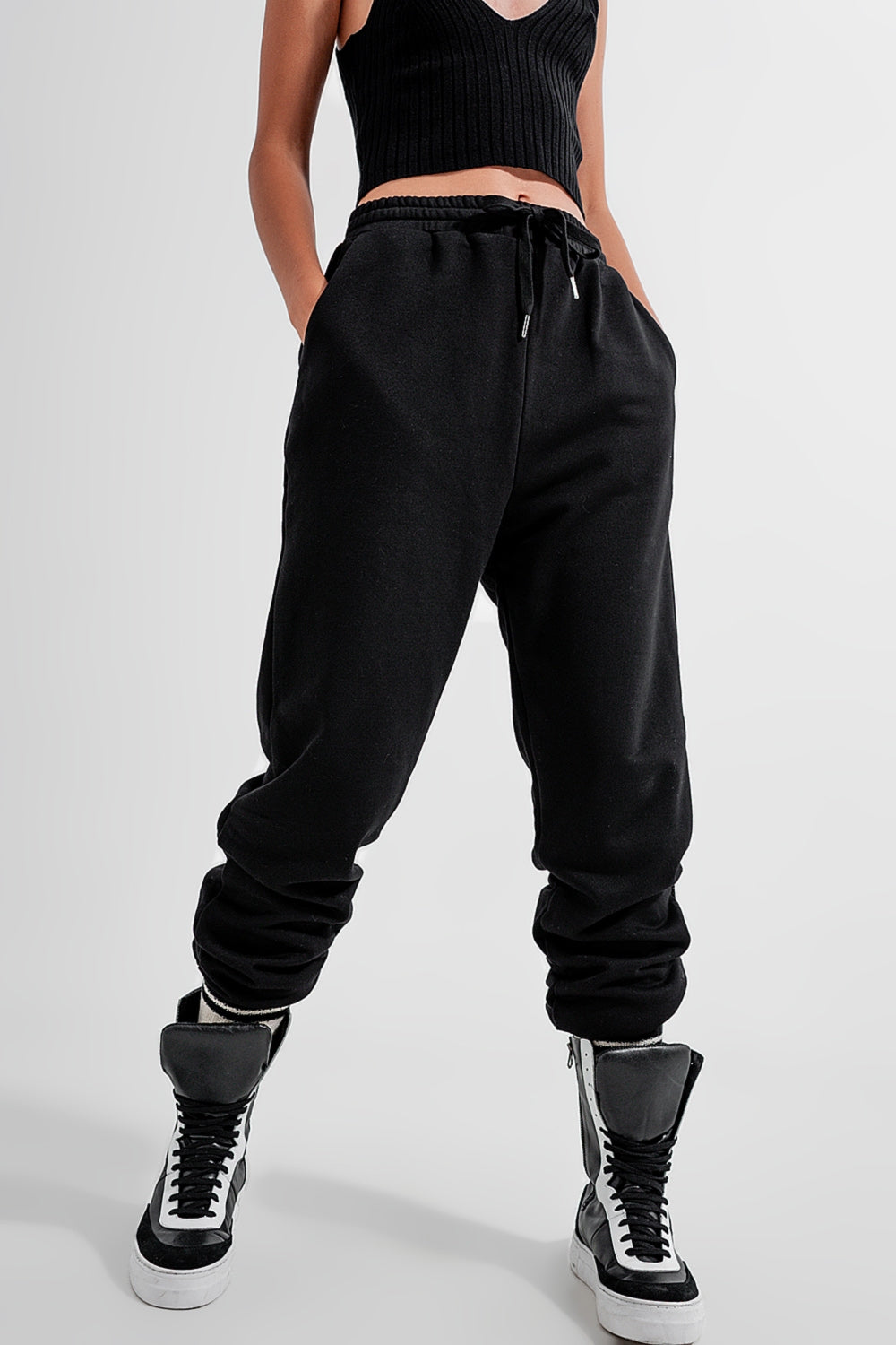 Adjustable waistband joggers in black Q2 Pants BoutiqueLua