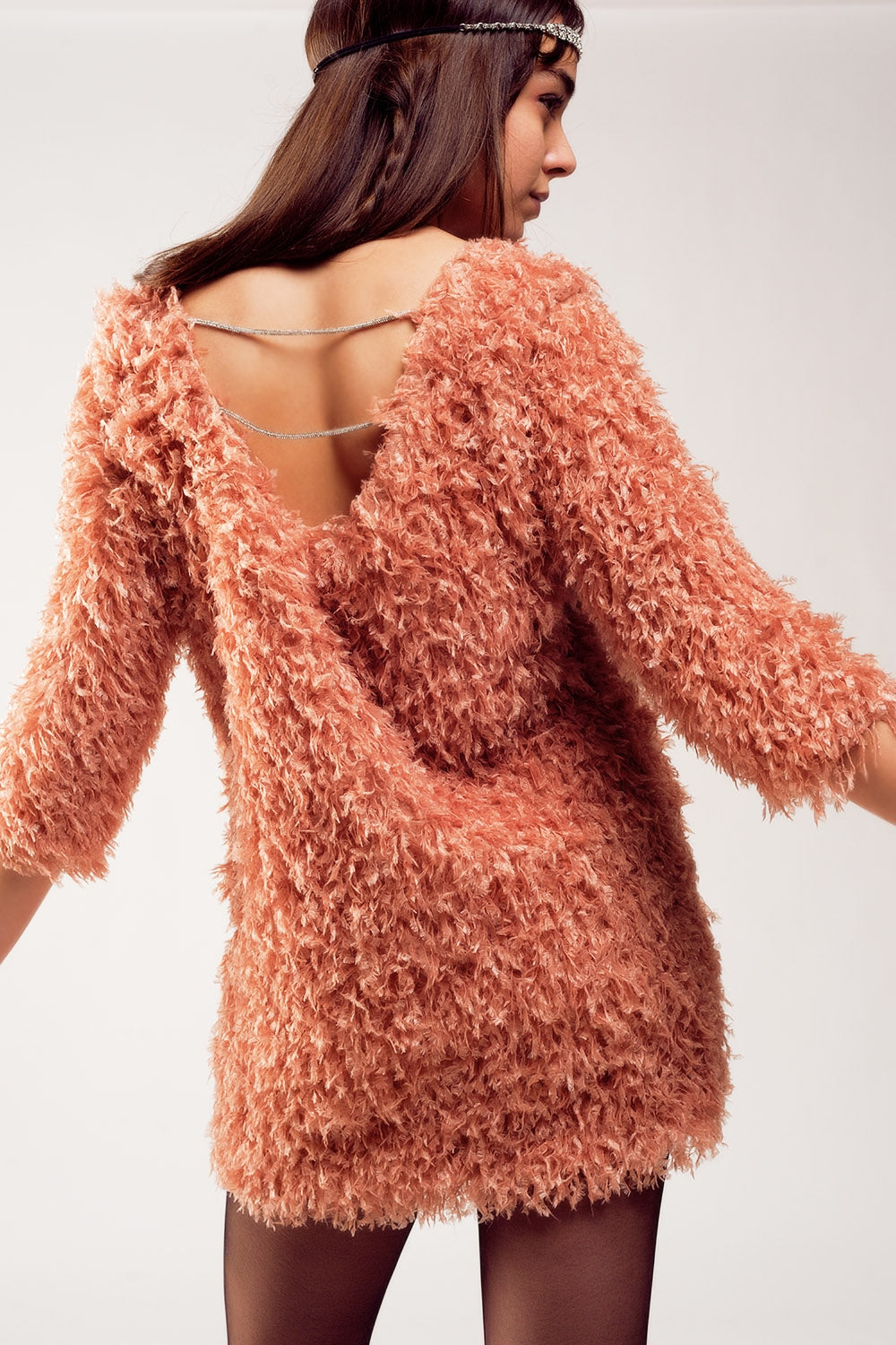 Q2 All over faux feather three quarter sleeve mini dress in pink