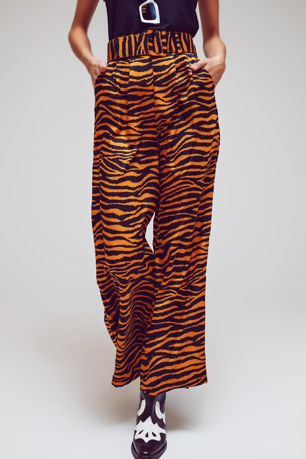 Animal Print Straight Leg Pants With Wide Buckle Belt Q2 Pants BoutiqueLua