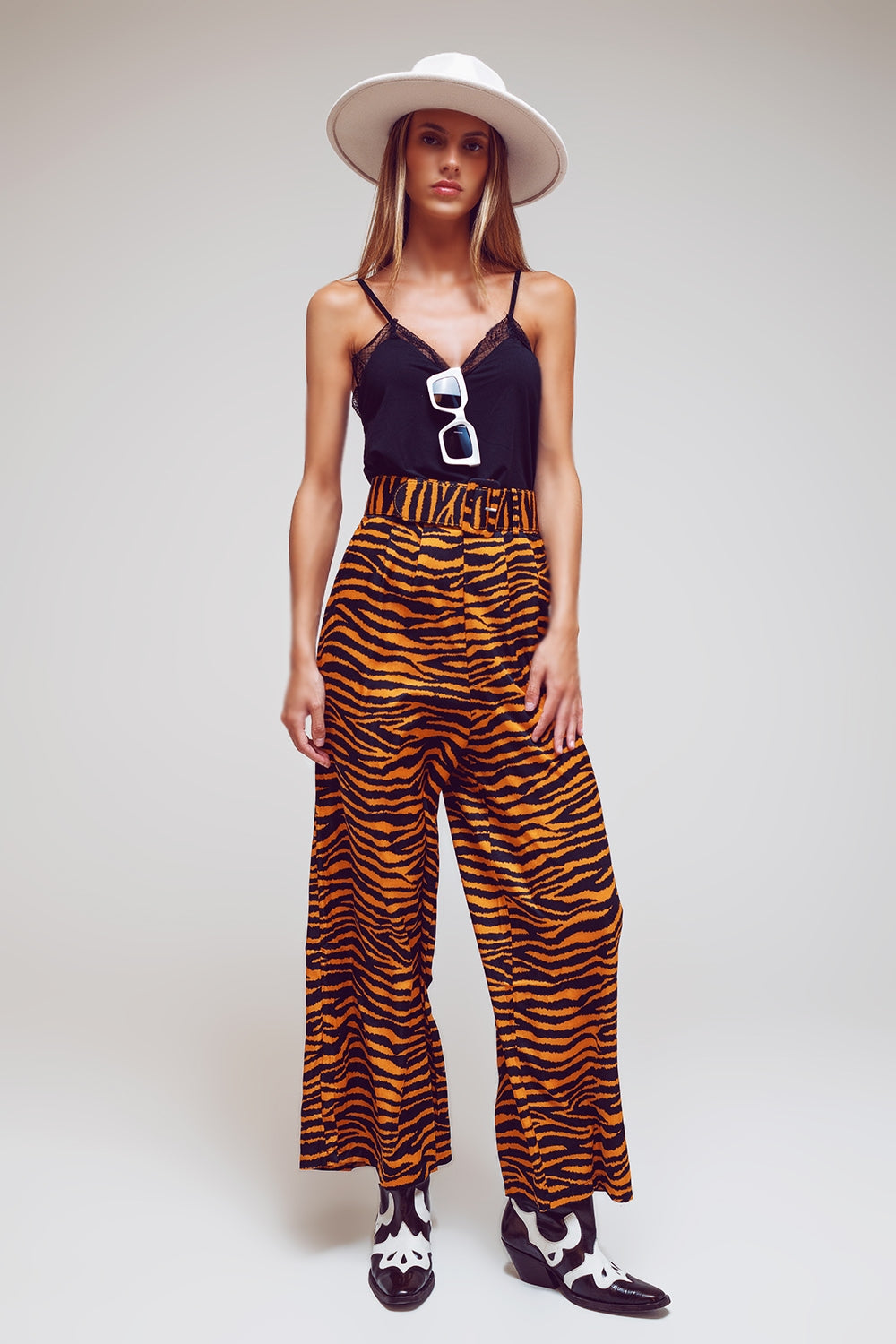 Animal Print Straight Leg Pants With Wide Buckle Belt Q2 Pants BoutiqueLua