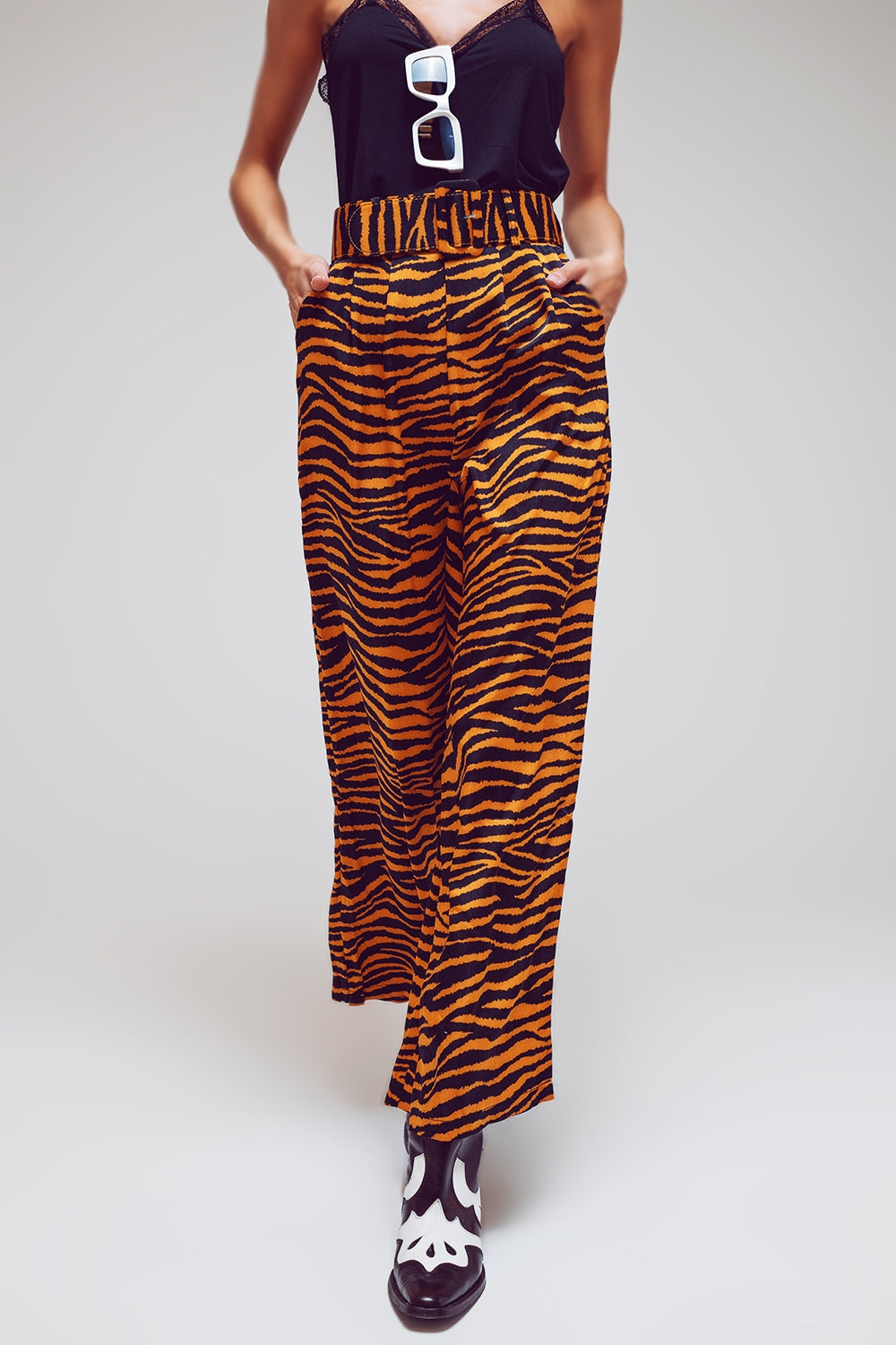 Animal Print Straight Leg Pants With Wide Buckle Belt Q2 Pants BoutiqueLua