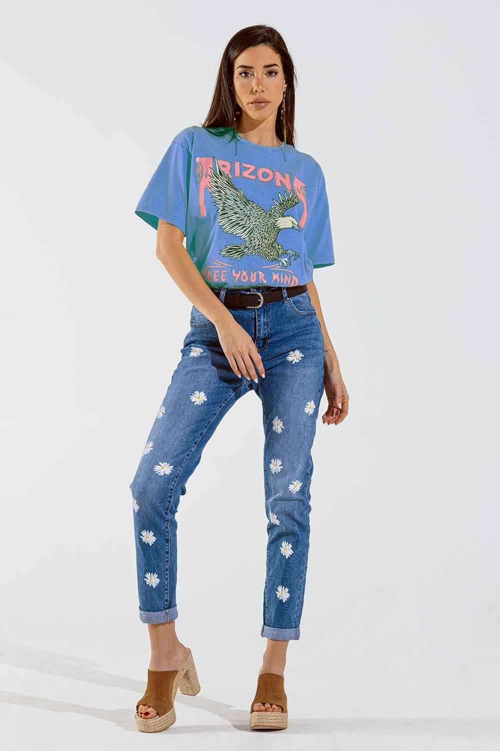 Arizona T-shirt with Eagle Digital Print in Blue Q2 Tops BoutiqueLua