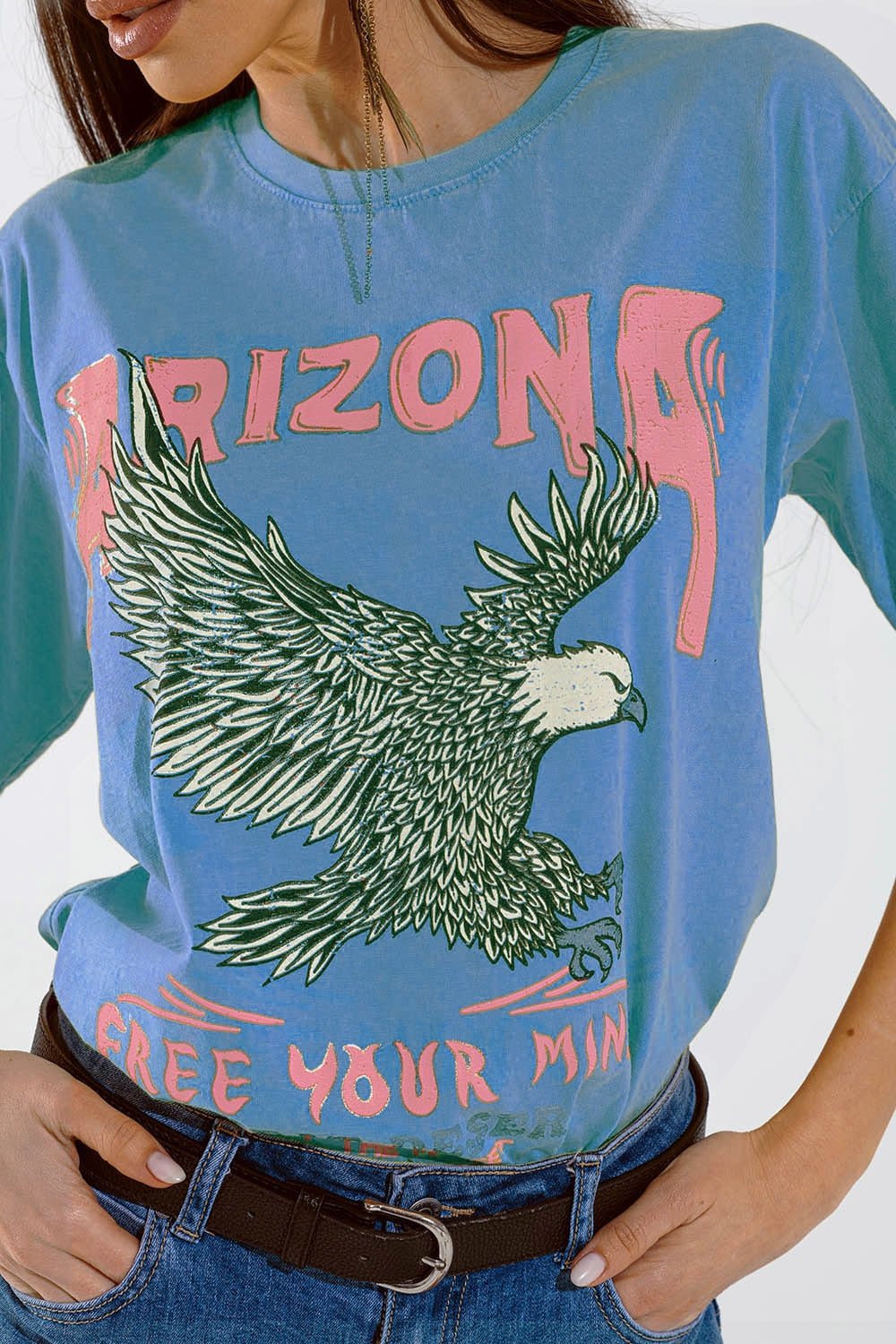 Arizona T-shirt with Eagle Digital Print in Blue Q2 Tops BoutiqueLua