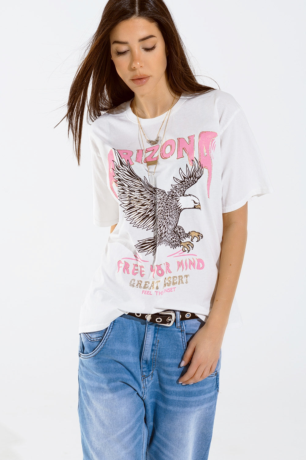 Arizona T-shirt with Eagle Digital Print in White Q2 Tops BoutiqueLua