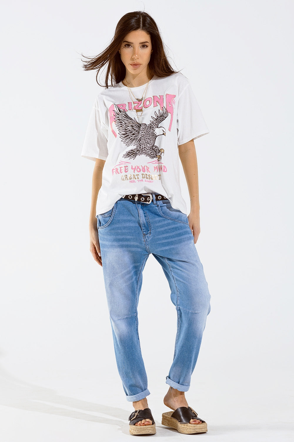 Arizona T-shirt with Eagle Digital Print in White Q2 Tops BoutiqueLua