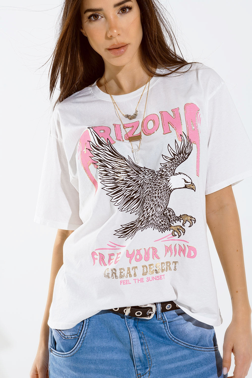 Q2 Arizona T-shirt with Eagle Digital Print in White