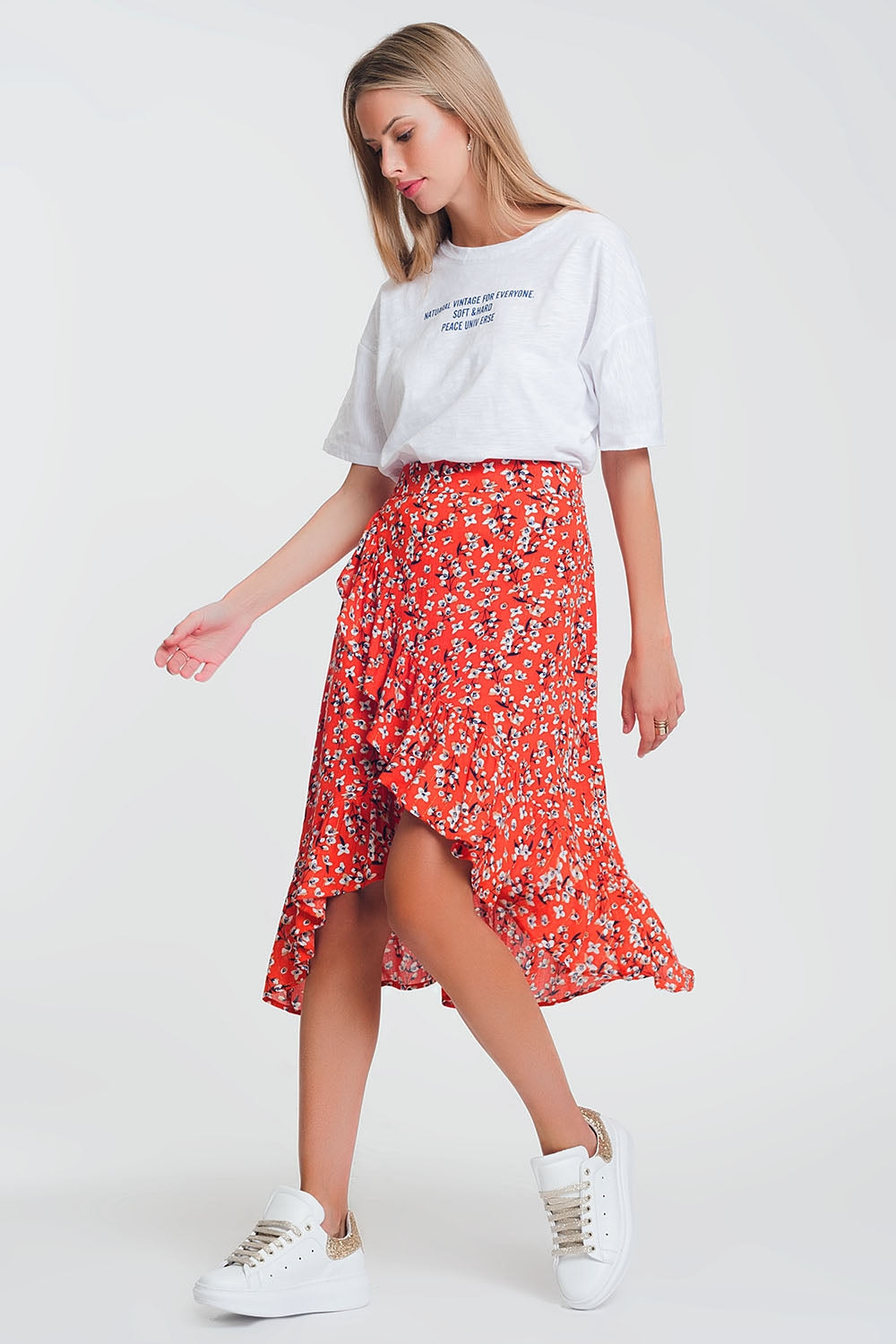 asymetric wrap printed red skirt Q2 Skirts BoutiqueLua