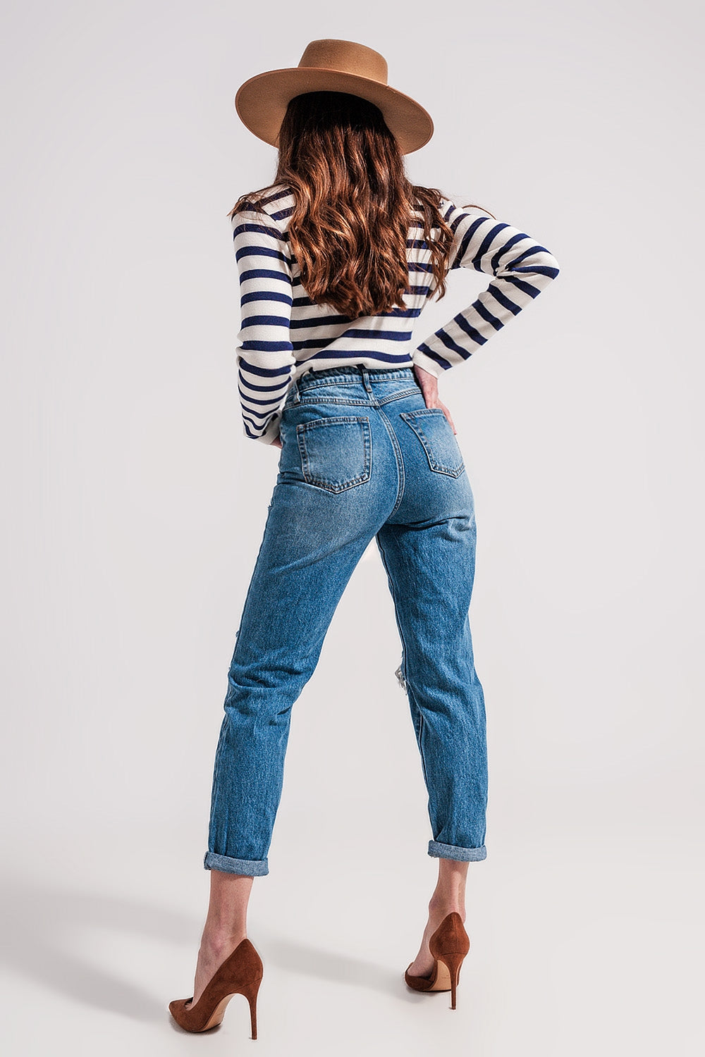 Asymmetric button detail jeans in mid blue Q2 Jeans BoutiqueLua