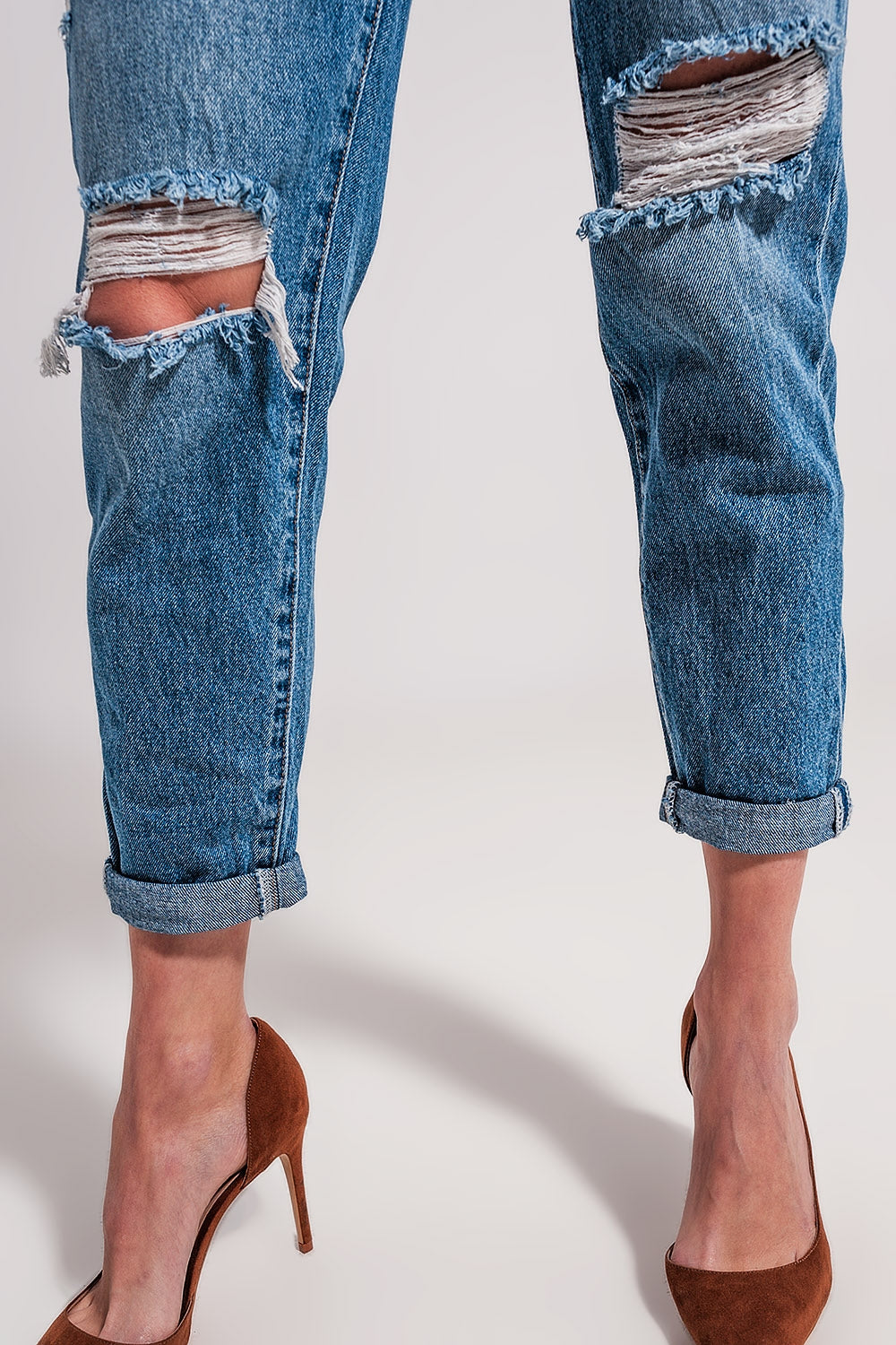 Asymmetric button detail jeans in mid blue Q2 Jeans BoutiqueLua