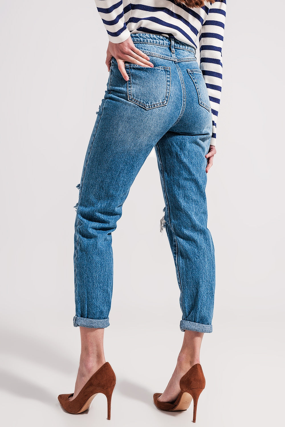 Asymmetric button detail jeans in mid blue Q2 Jeans BoutiqueLua