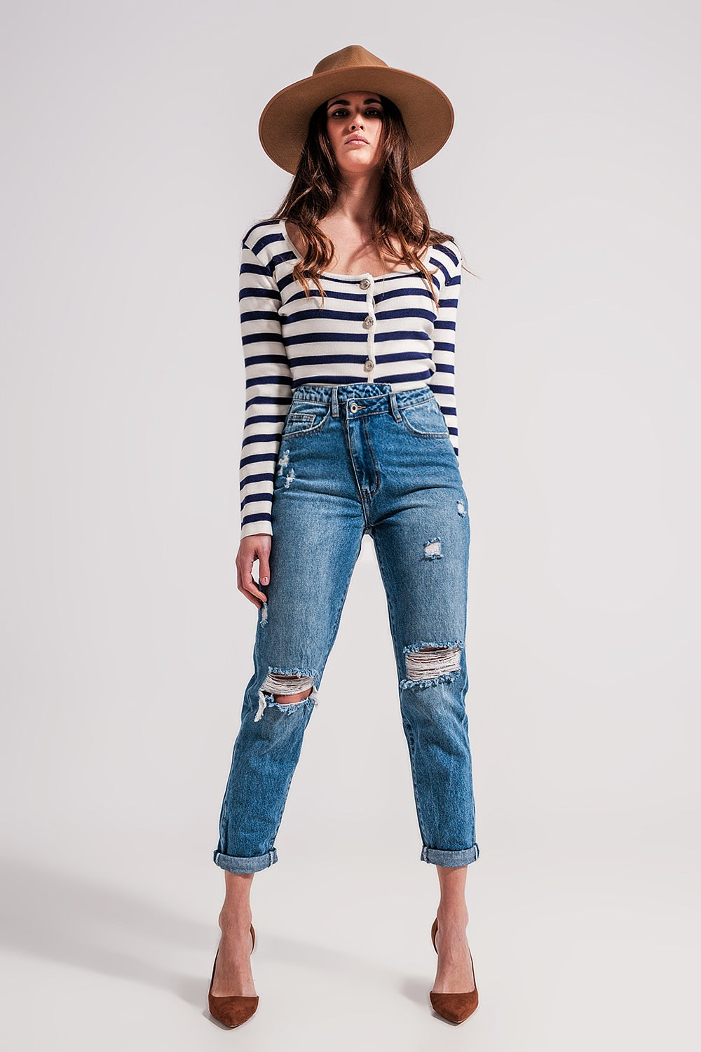 Asymmetric button detail jeans in mid blue Q2 Jeans BoutiqueLua