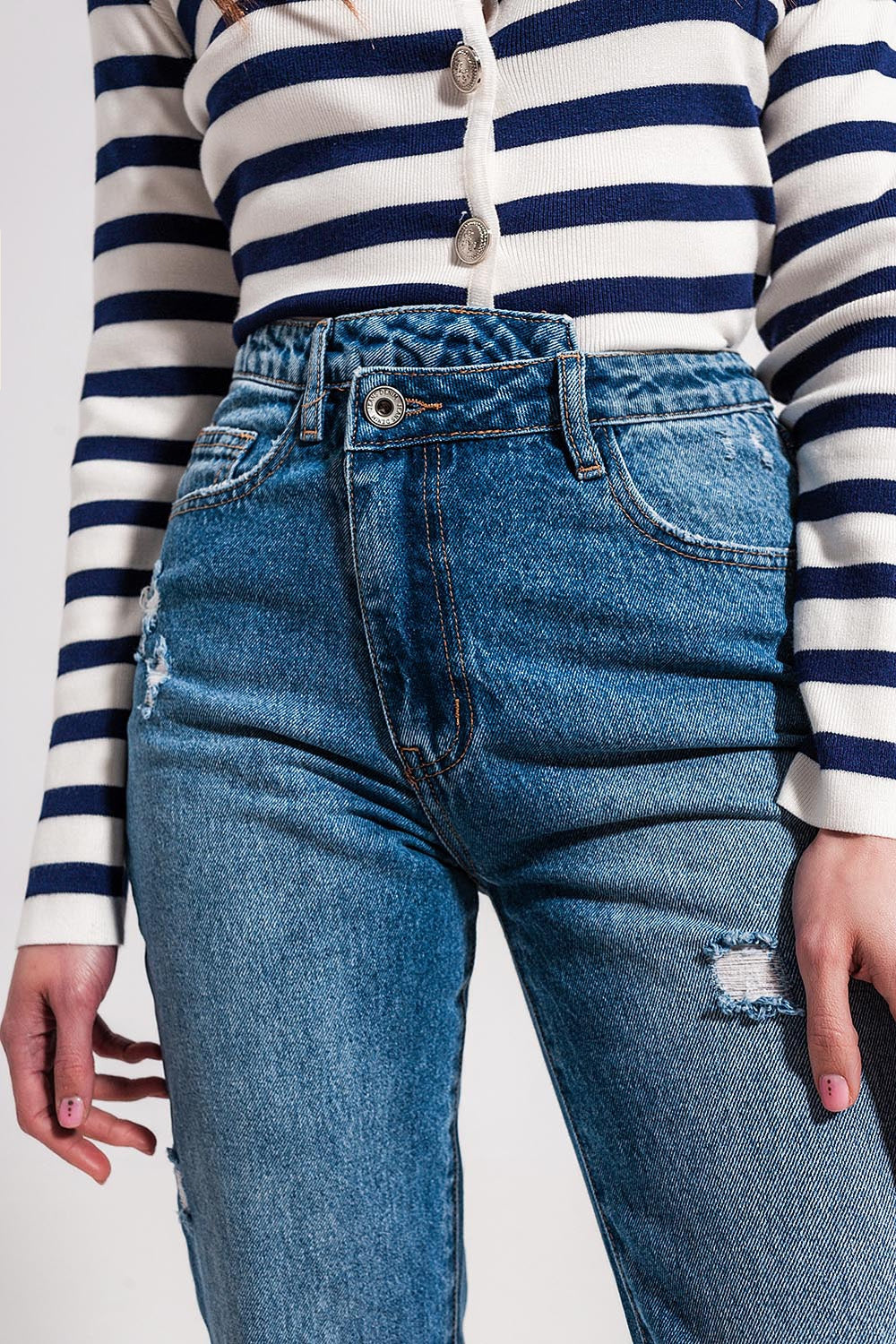 Asymmetric button detail jeans in mid blue Q2 Jeans BoutiqueLua