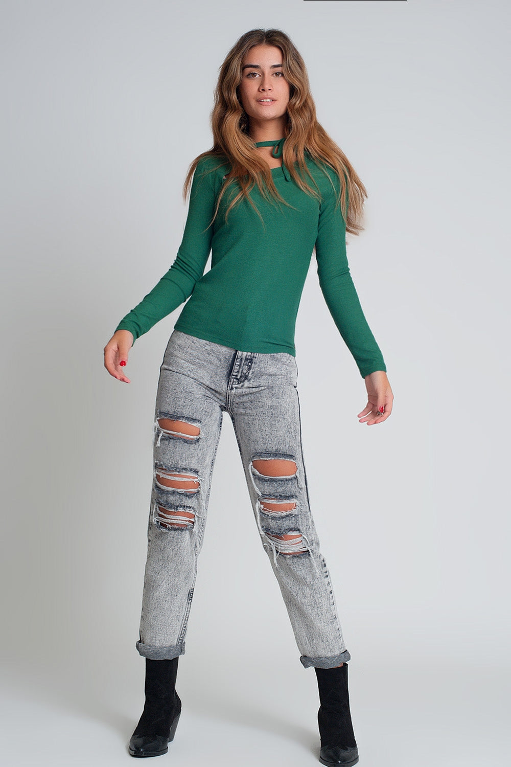 Asymmetric neck sweater in green Q2 Sweaters BoutiqueLua