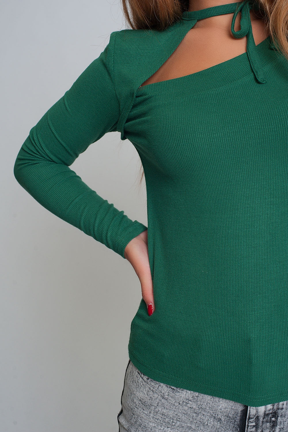 Asymmetric neck sweater in green Q2 Sweaters BoutiqueLua