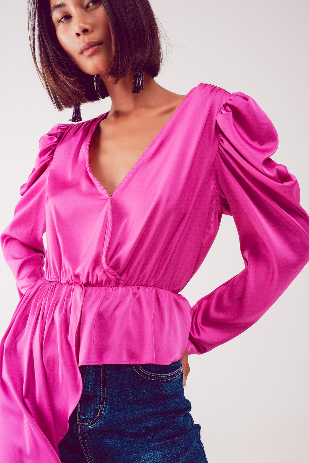 Asymmetric puff sleeve blouse in fuchsia Q2 Shirts BoutiqueLua