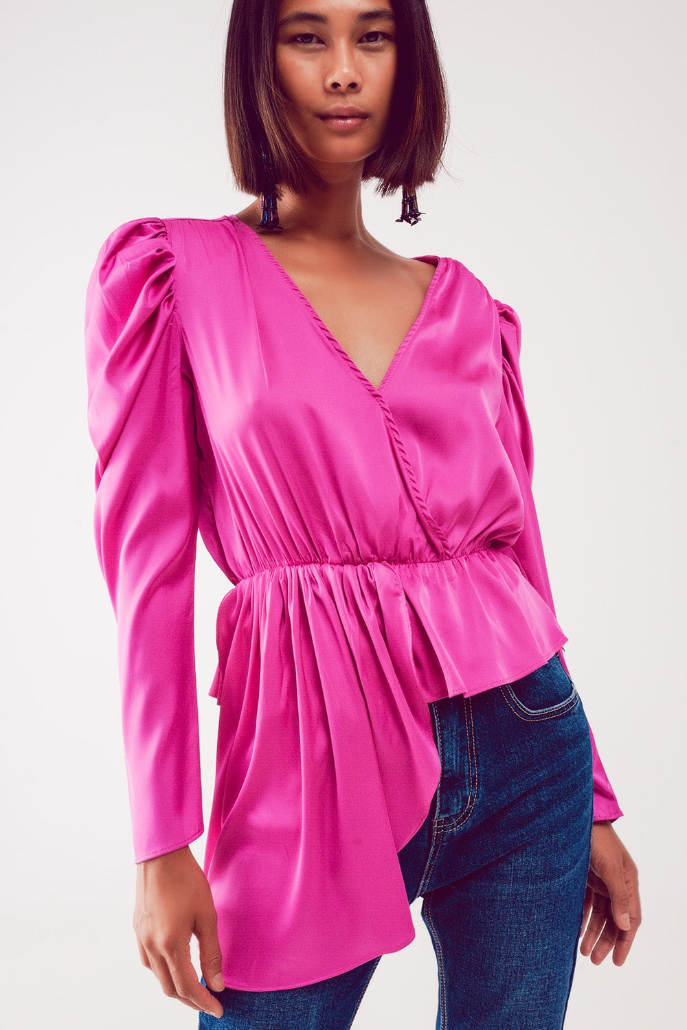 Asymmetric puff sleeve blouse in fuchsia Q2 Shirts BoutiqueLua