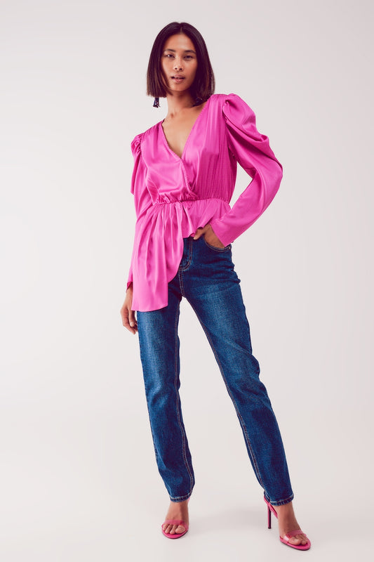 Q2 Asymmetric puff sleeve blouse in fuchsia