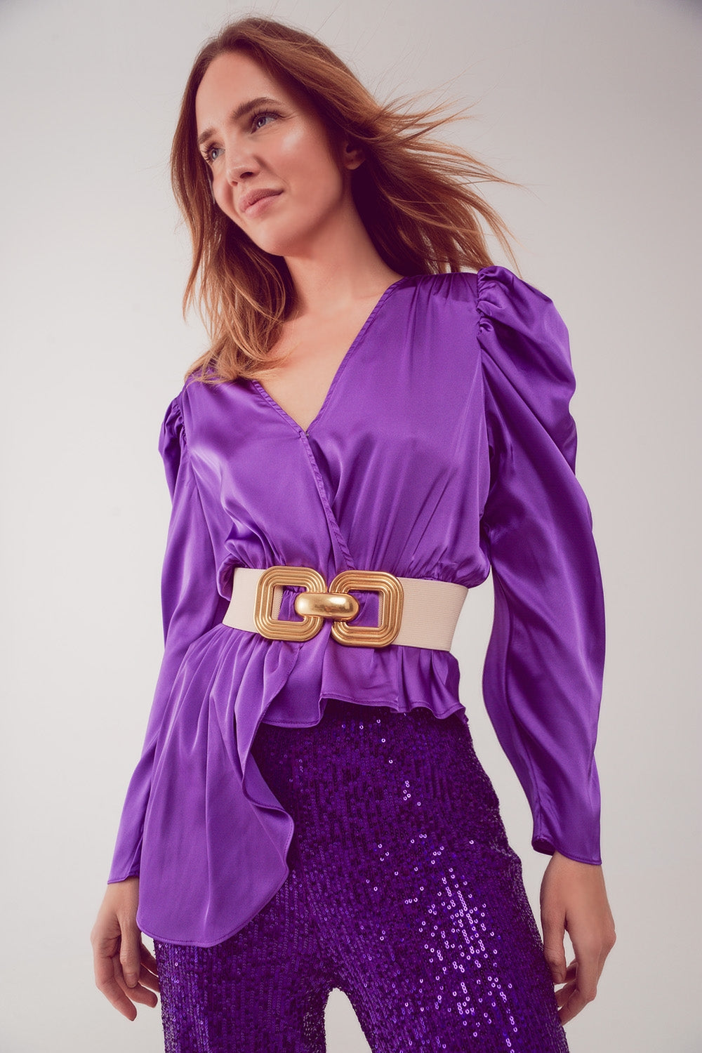 Asymmetric puff sleeve blouse in purple Q2 Shirts BoutiqueLua