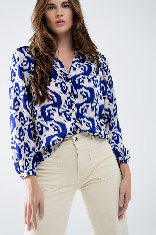 Q2 Balloon Sleeve Abstract Print Blouse in Navy and White