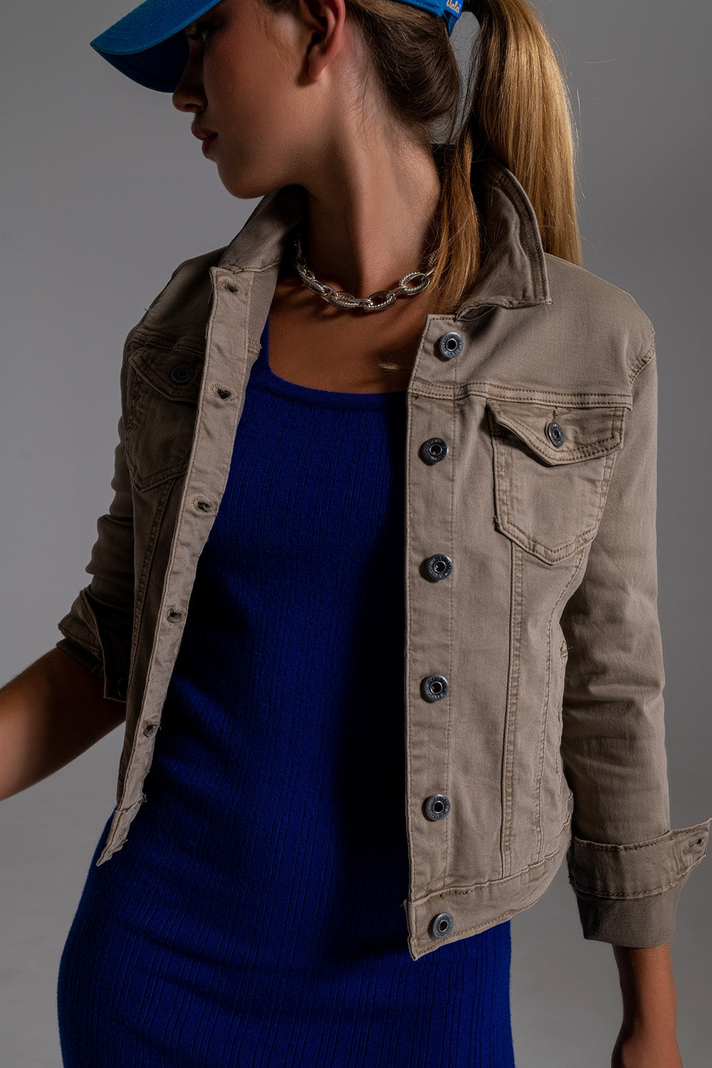 Basic Denim Jacket With Pockets in Beige Q2 Coats and Jackets BoutiqueLua