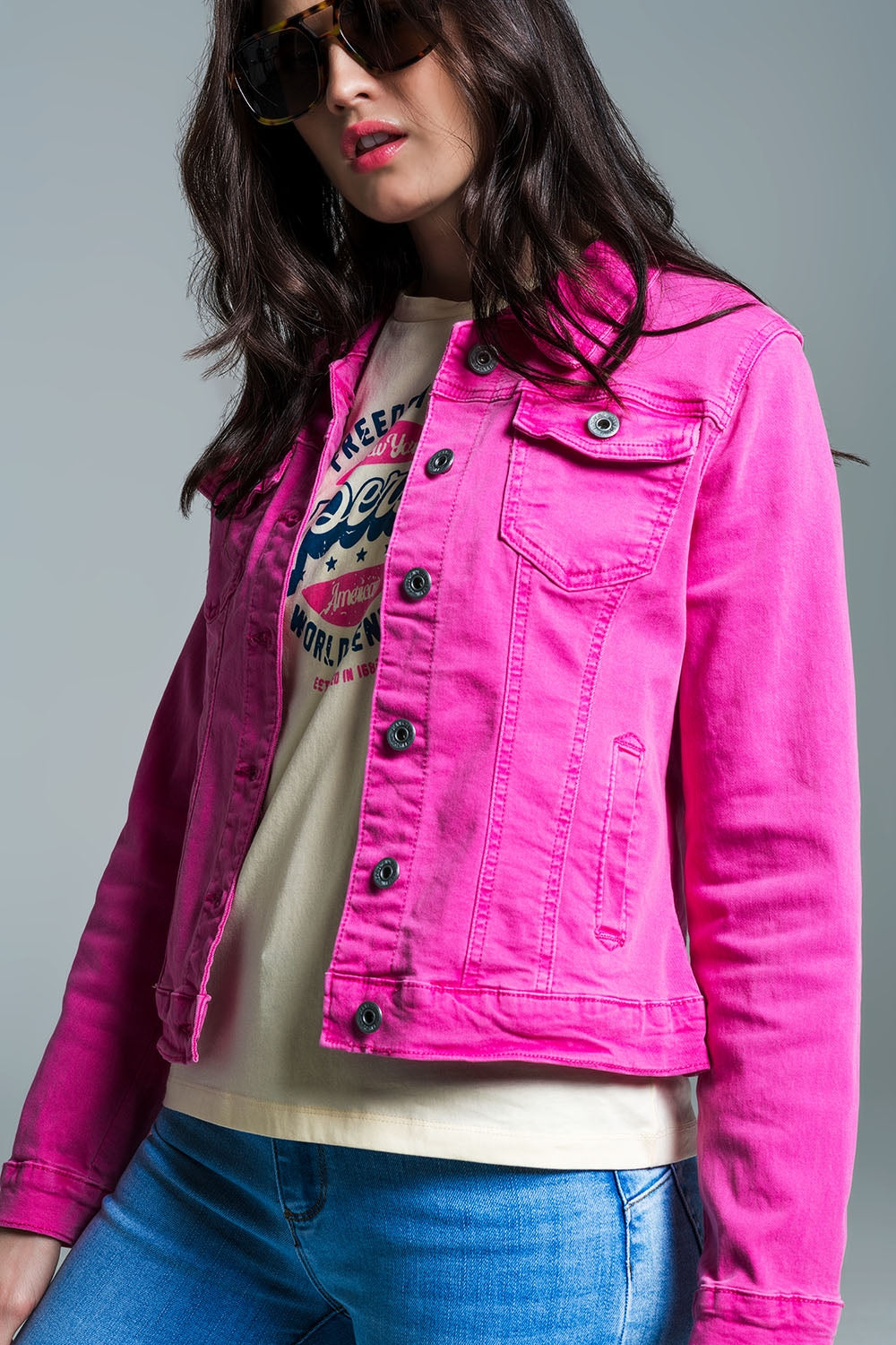 Basic Denim Jacket With Pockets in Pink Q2 Coats and Jackets BoutiqueLua