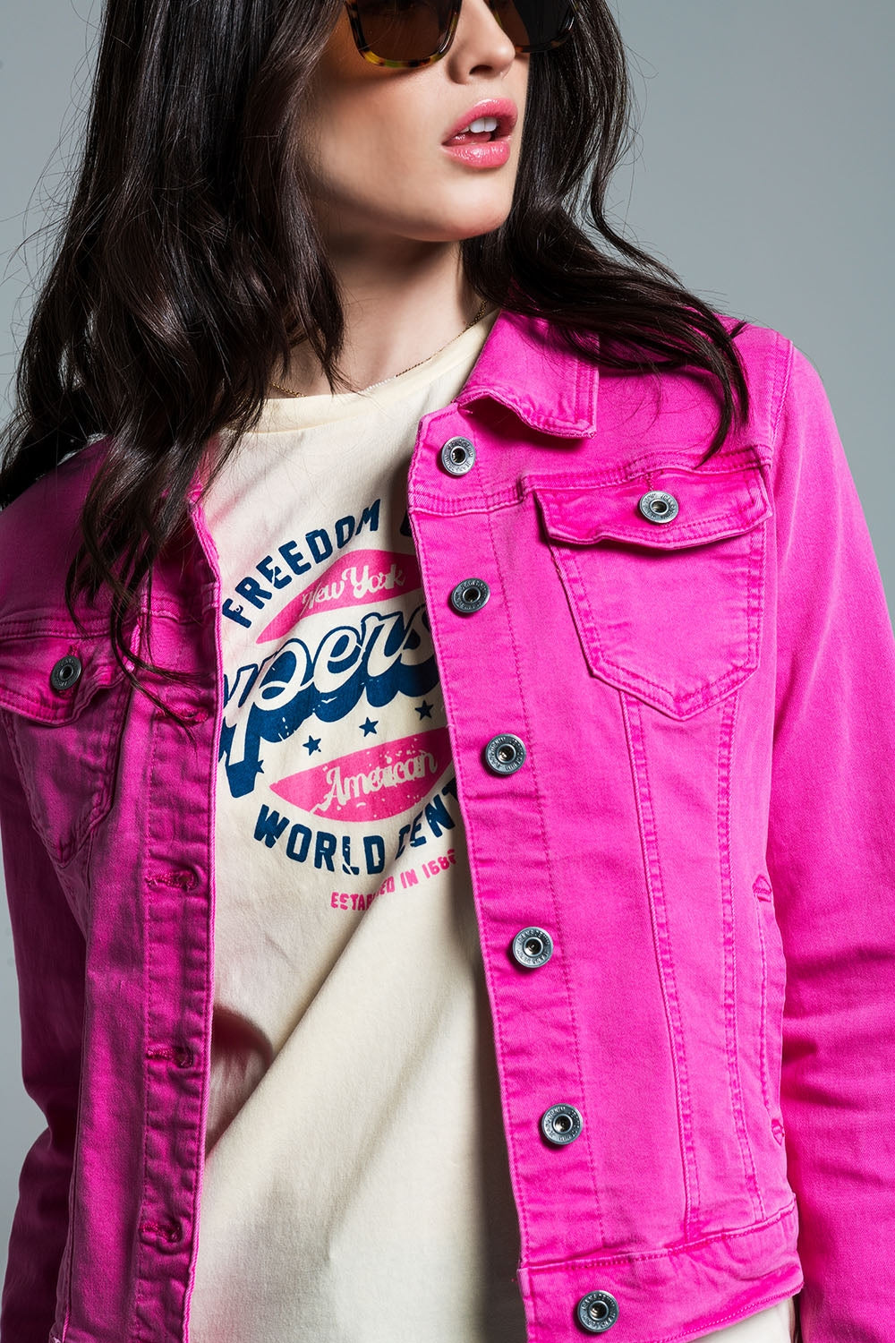 Basic Denim Jacket With Pockets in Pink Q2 Coats and Jackets BoutiqueLua