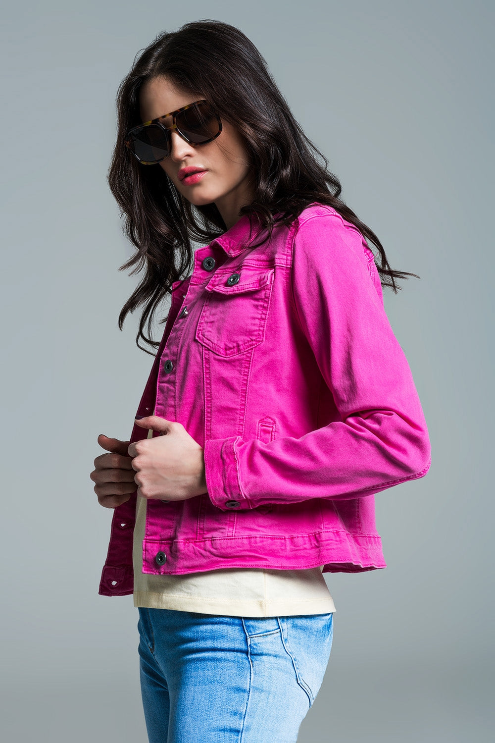 Basic Denim Jacket With Pockets in Pink Q2 Coats and Jackets BoutiqueLua