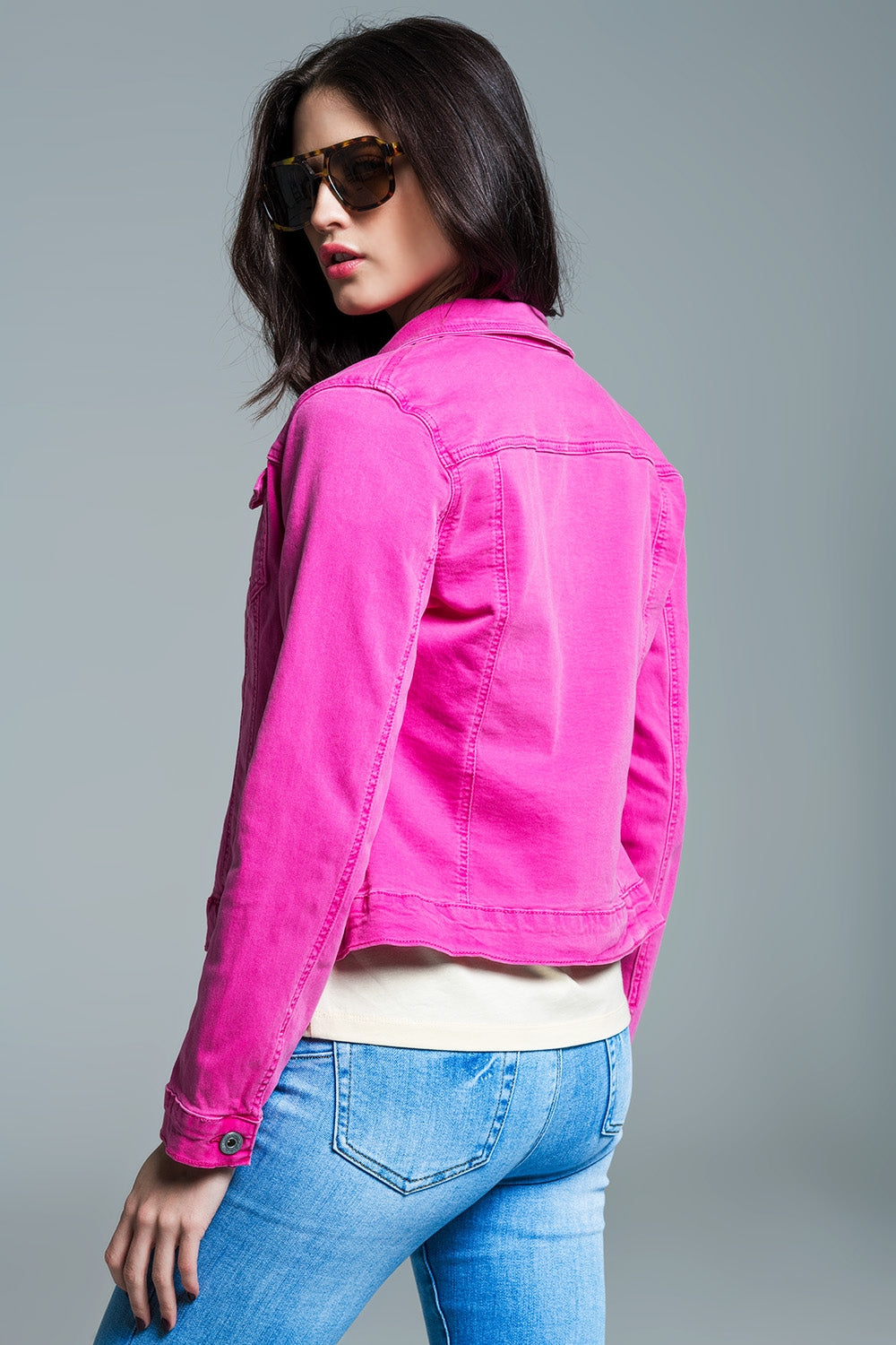 Basic Denim Jacket With Pockets in Pink Q2 Coats and Jackets BoutiqueLua