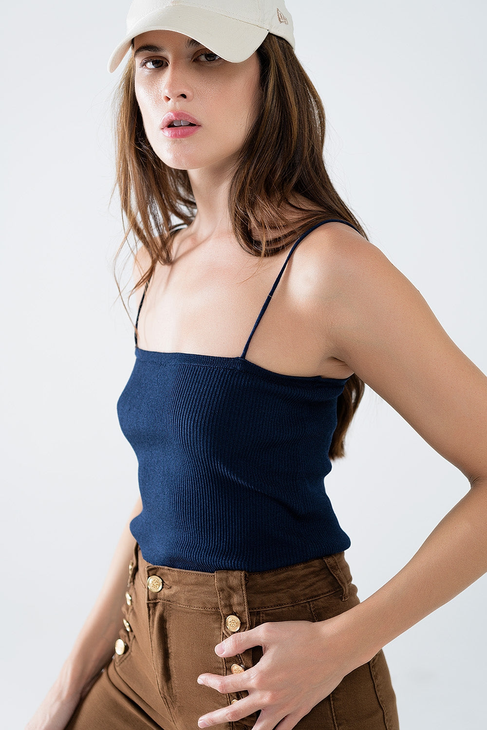 Basic knitted Top In navy With Thin Straps