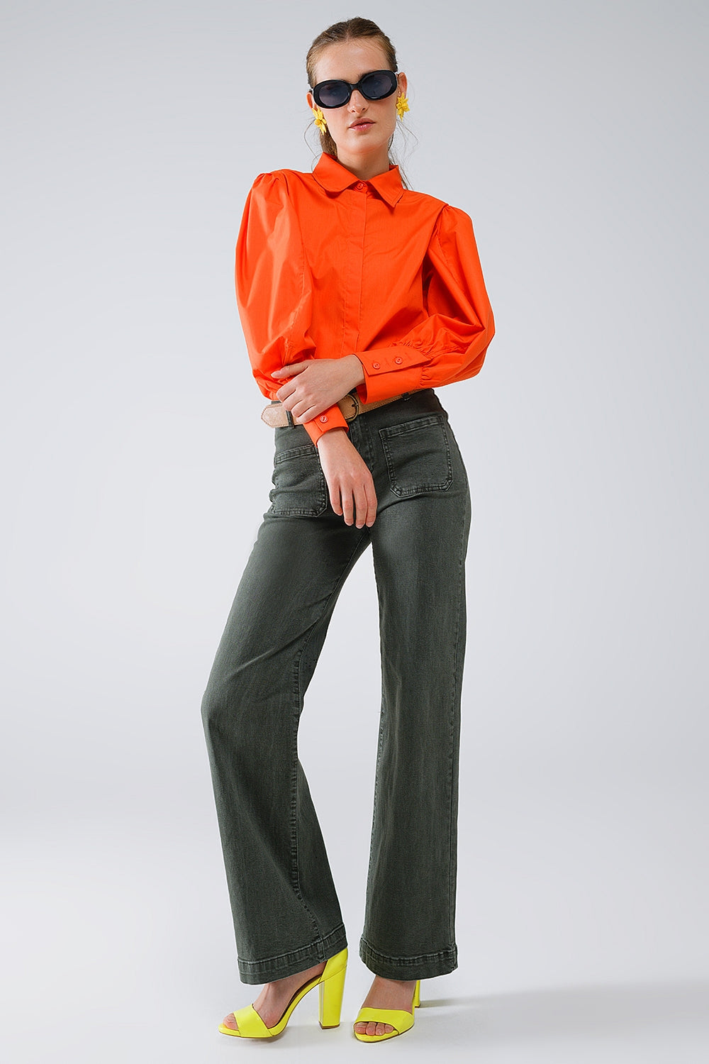 Basic poplin orange shirt with balloon long sleeves Q2 Shirts BoutiqueLua