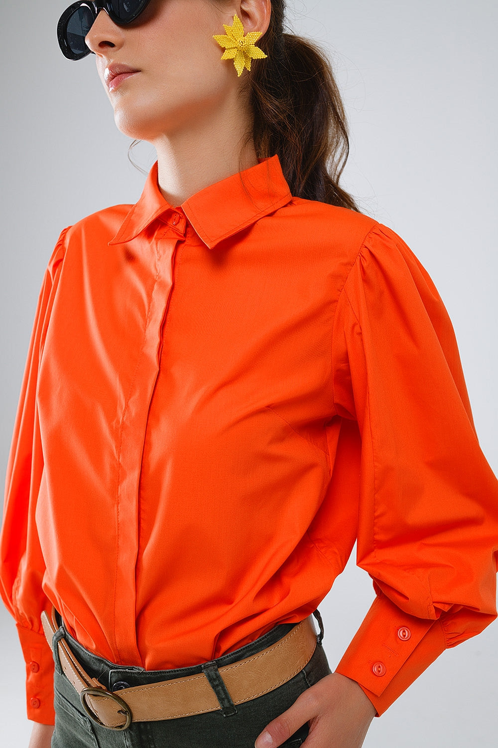 Basic poplin orange shirt with balloon long sleeves Q2 Shirts BoutiqueLua