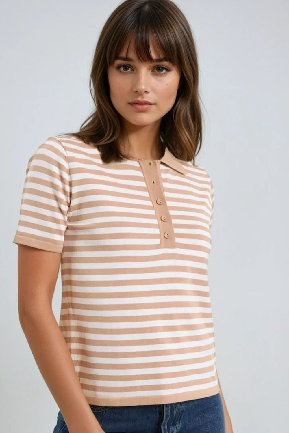 Q2 beige and White Striped Knitted Polo T-shirt