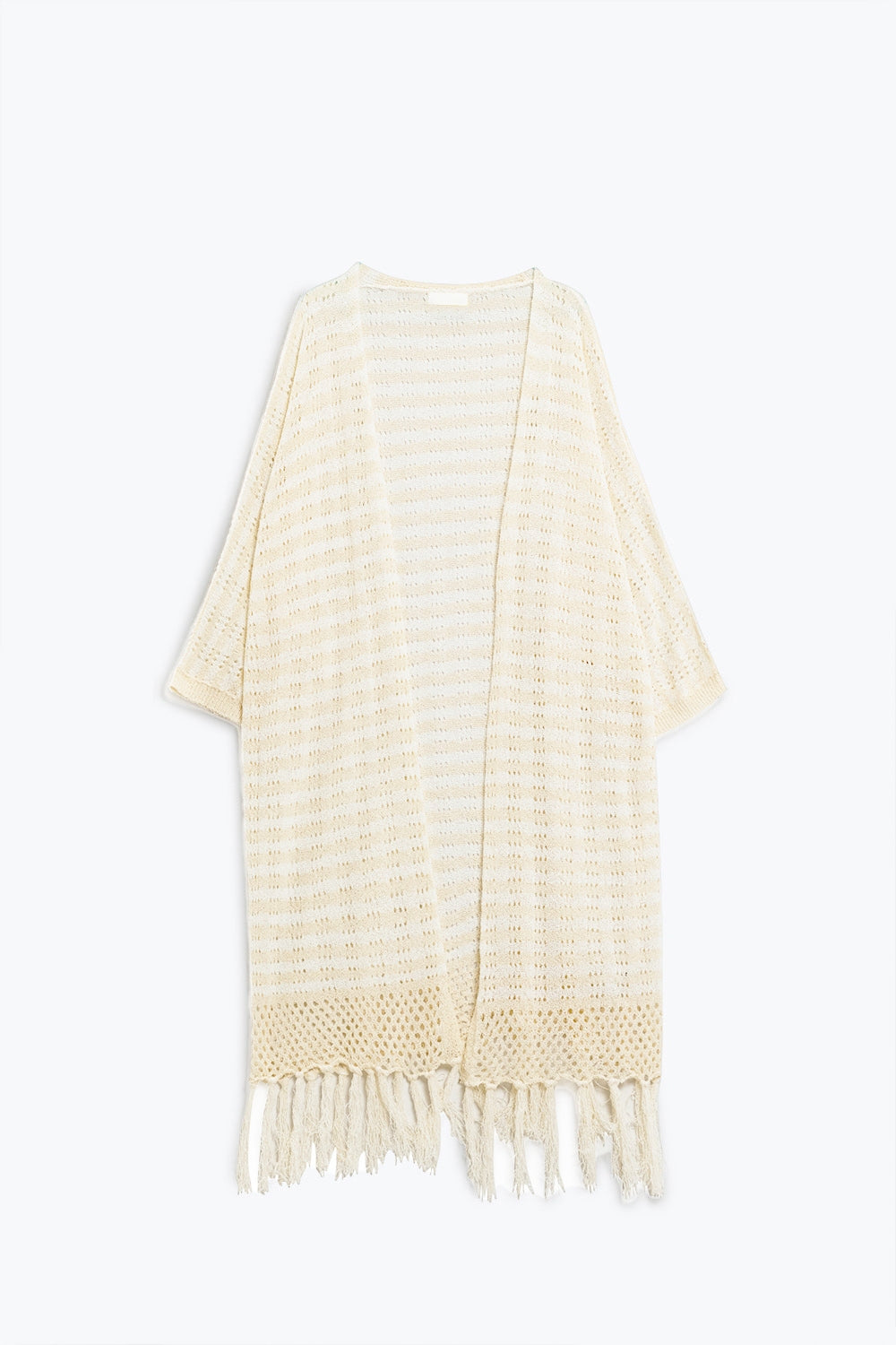 Q2 Beige Boho Style Cardigan With Stripes Pointelle Knit and Fringe Details