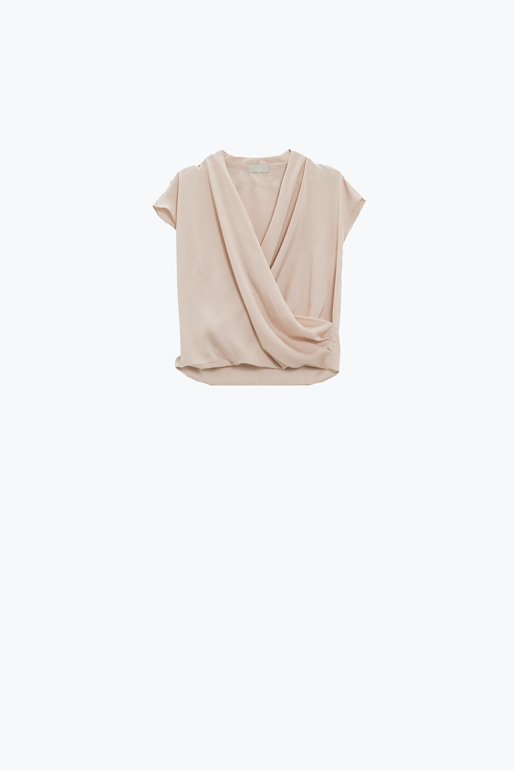 Beige Crossed Silk Top With V-neck and Short Sleeves Q2 Tops BoutiqueLua